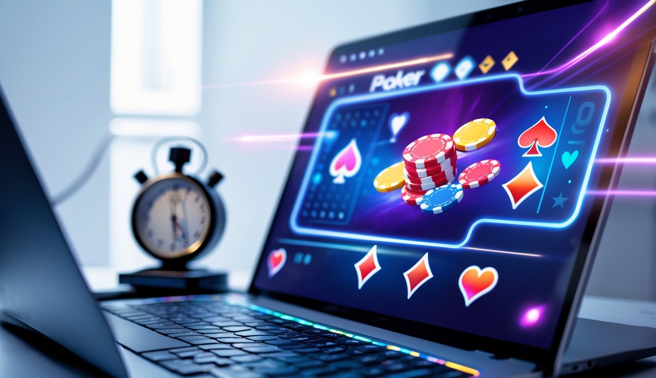 Tampilan layar komputer dengan permainan poker online yang cerah dan jelas, menunjukkan suasana permainan poker yang cepat dan profesional.