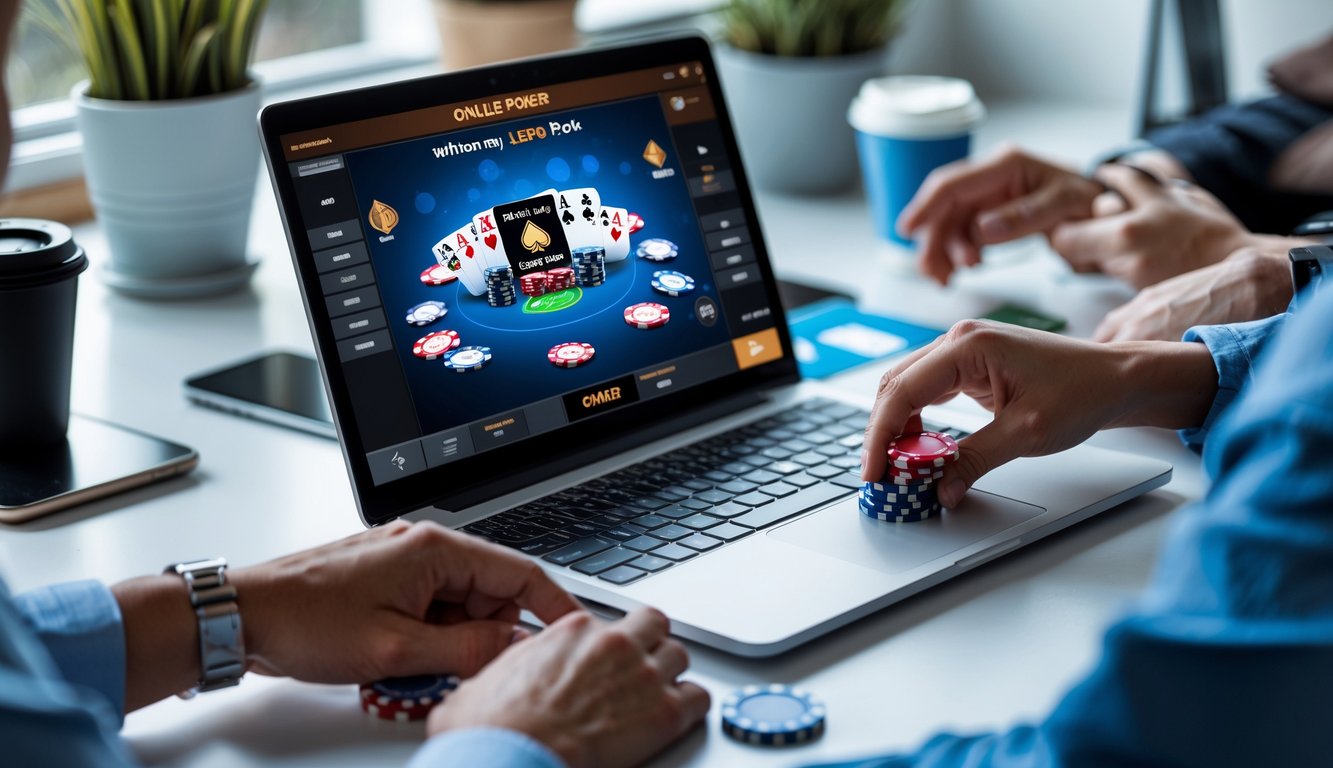 Orang-orang bermain poker online di depan laptop di ruang kerja yang rapi dan terang.