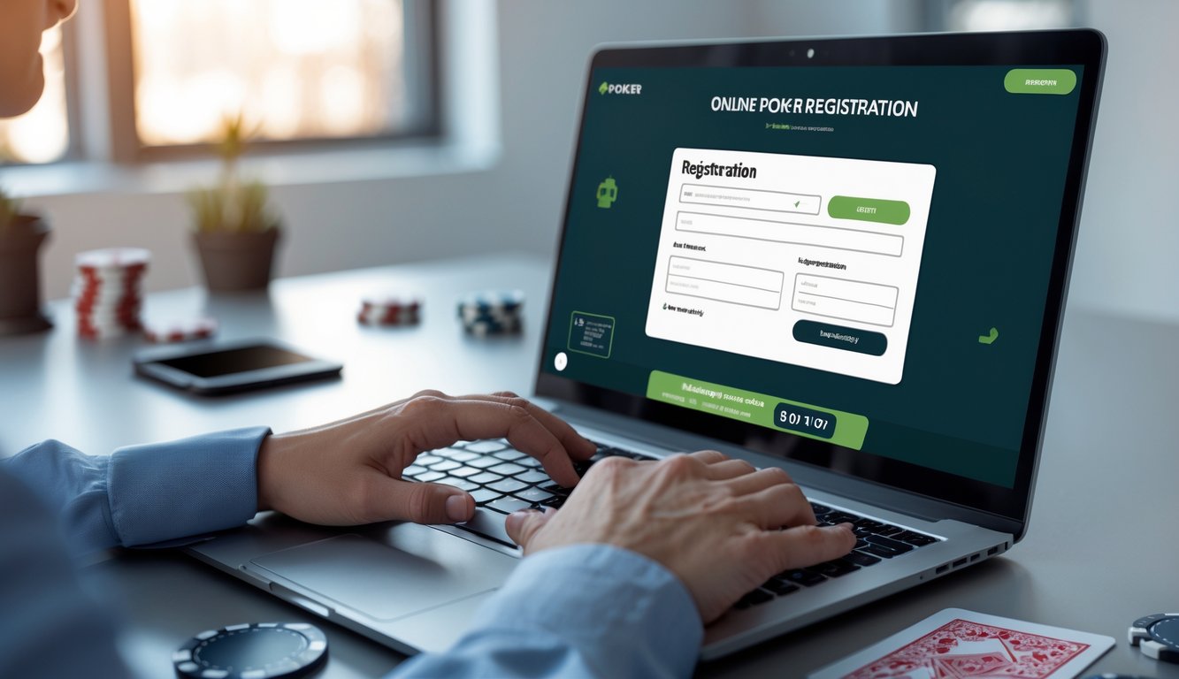 Seseorang sedang mendaftar poker online menggunakan laptop di meja kerja dengan chip poker dan kartu bermain di sekitar.
