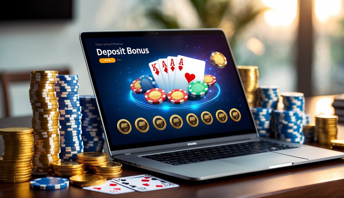 Sebuah meja dengan komputer yang menampilkan permainan poker online, dikelilingi oleh chip poker dan uang.