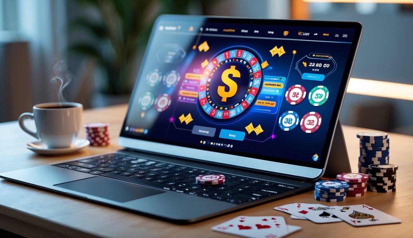 Seorang pemain poker online menggunakan laptop dengan tumpukan chip poker dan kartu di atas meja kayu.