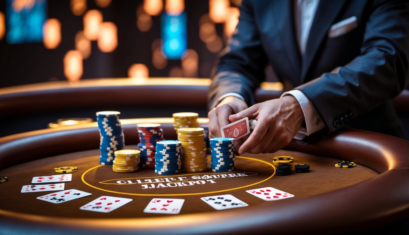 Meja poker dengan chip warna-warni dan dealer berpakaian rapi sedang membagikan kartu di lingkungan kasino yang mewah.