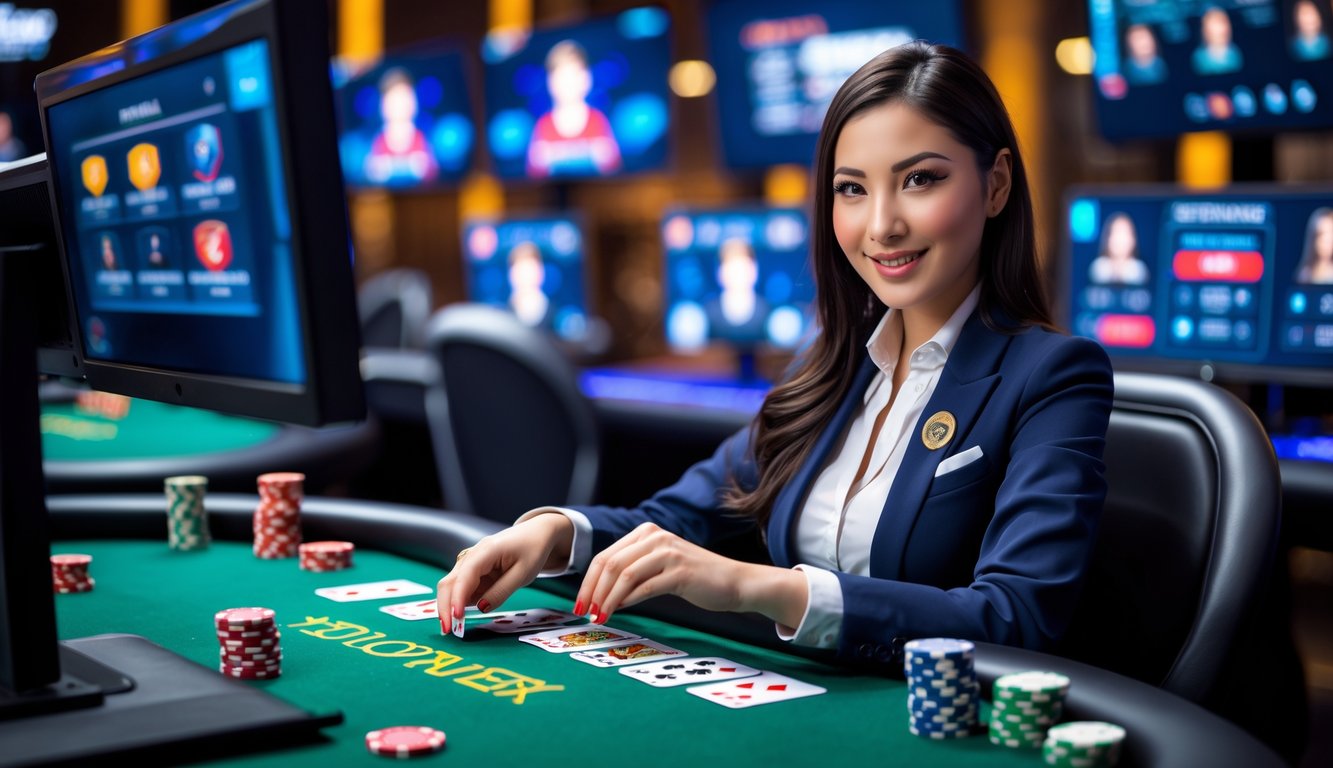 Seorang dealer poker wanita duduk di meja poker dengan chip dan kartu, di latar belakang layar komputer menampilkan permainan poker online.