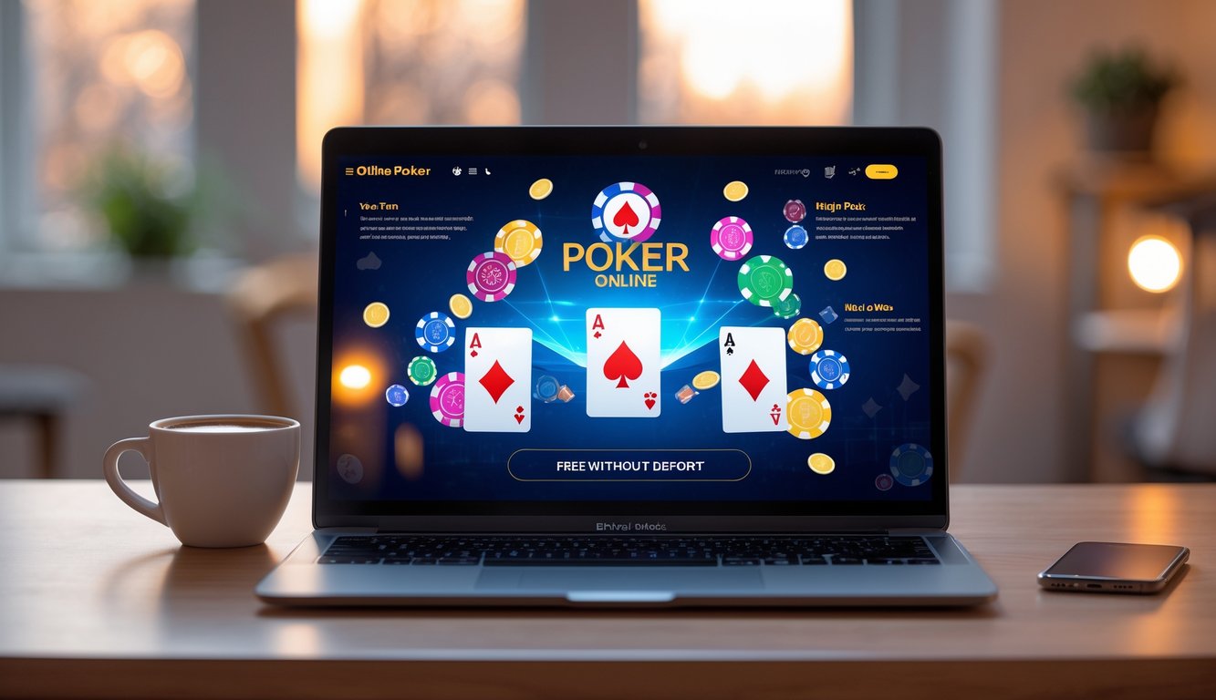 Seseorang bermain poker online di laptop dengan chip poker dan kartu di layar, di atas meja kayu dengan secangkir kopi dan ponsel.