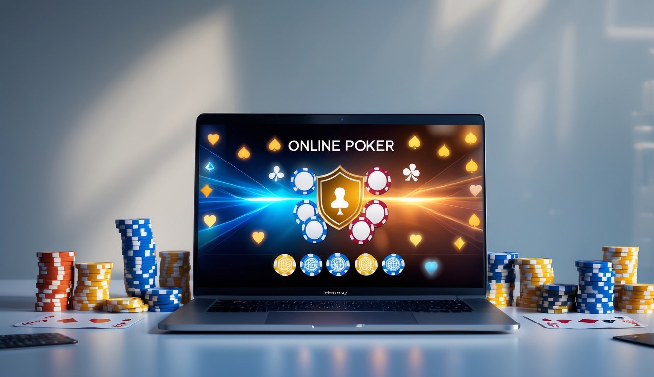 Seorang pemain duduk di depan komputer dengan layar yang menampilkan permainan poker online, dikelilingi oleh chip poker dan kartu.