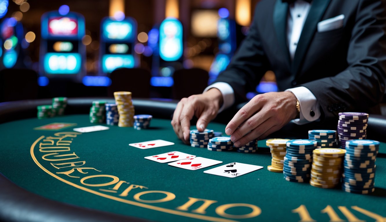 Meja poker dengan kartu dan chip tertata rapi di kasino yang terang dan modern.