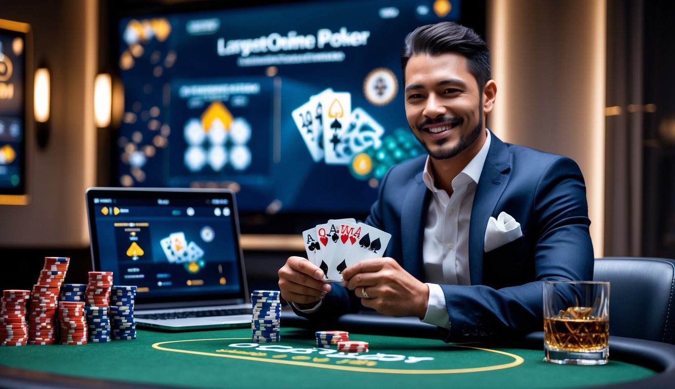 Seorang pria percaya diri duduk di meja poker dengan kartu dan tumpukan chip, menunjukkan kemenangan besar dalam permainan poker online.
