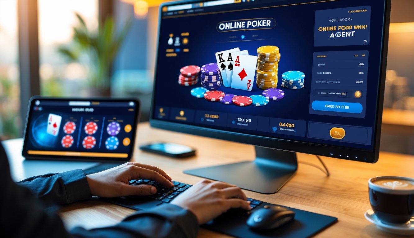 Seseorang sedang bermain poker online di depan komputer dengan chip poker dan kartu bermain di layar.