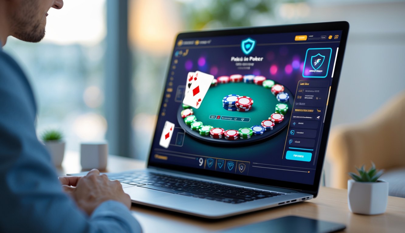 Seorang pemain poker online menggunakan laptop dengan tampilan permainan poker dan chip warna-warni di layar dalam ruangan yang nyaman.