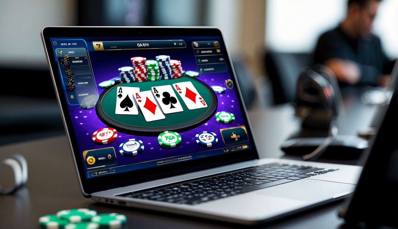 Seseorang sedang bermain poker online dengan tampilan grafik yang sangat jelas di layar komputer.