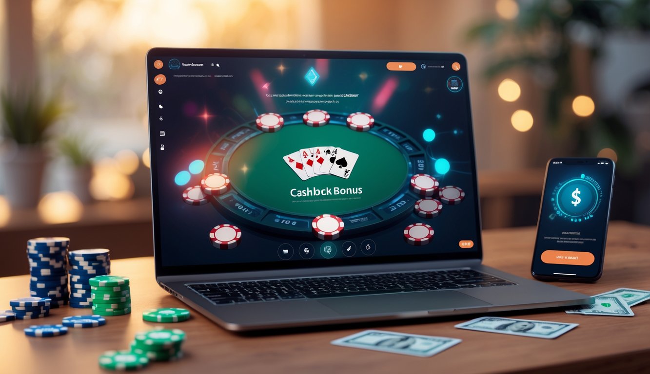 Seorang pemain poker online menggunakan laptop dengan tampilan permainan poker dan simbol bonus cashback di layar.