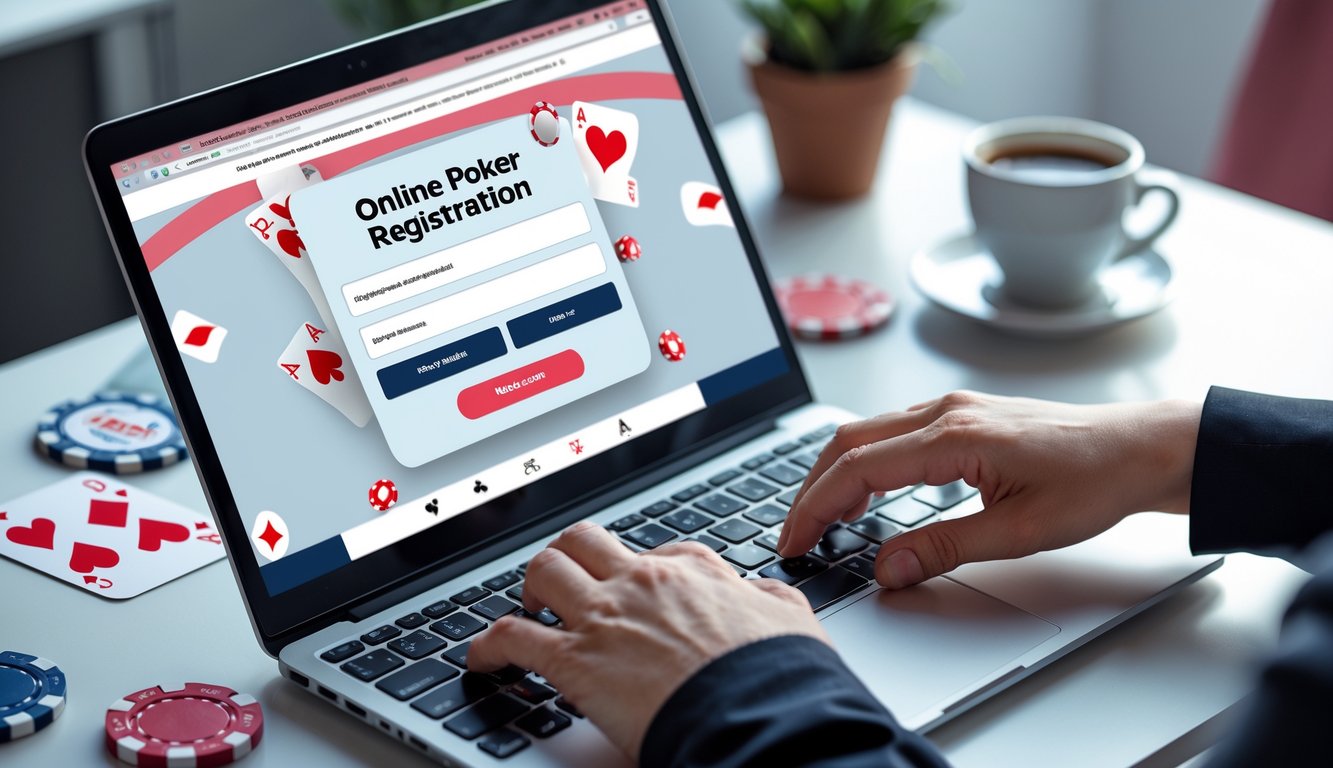 Seseorang sedang mendaftar poker online dengan laptop di meja kerja yang rapi, terlihat chip poker dan kartu bermain di sekitar.
