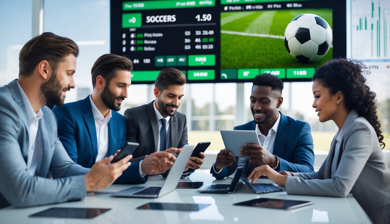 Orang-orang menggunakan perangkat digital untuk memasang taruhan sepak bola di lingkungan yang modern dan terpercaya.