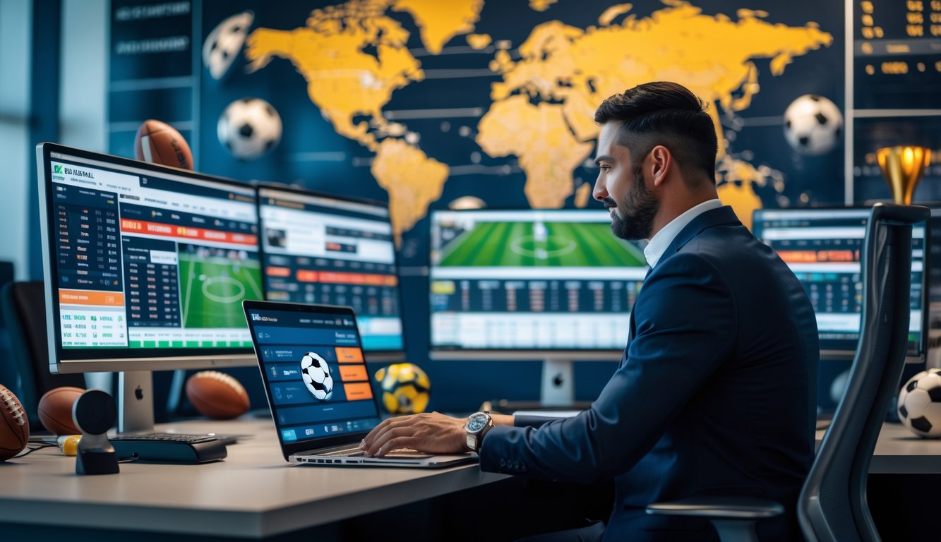 Seorang pria profesional duduk di meja dengan laptop dan beberapa monitor menampilkan pertandingan sepak bola dan statistik taruhan.