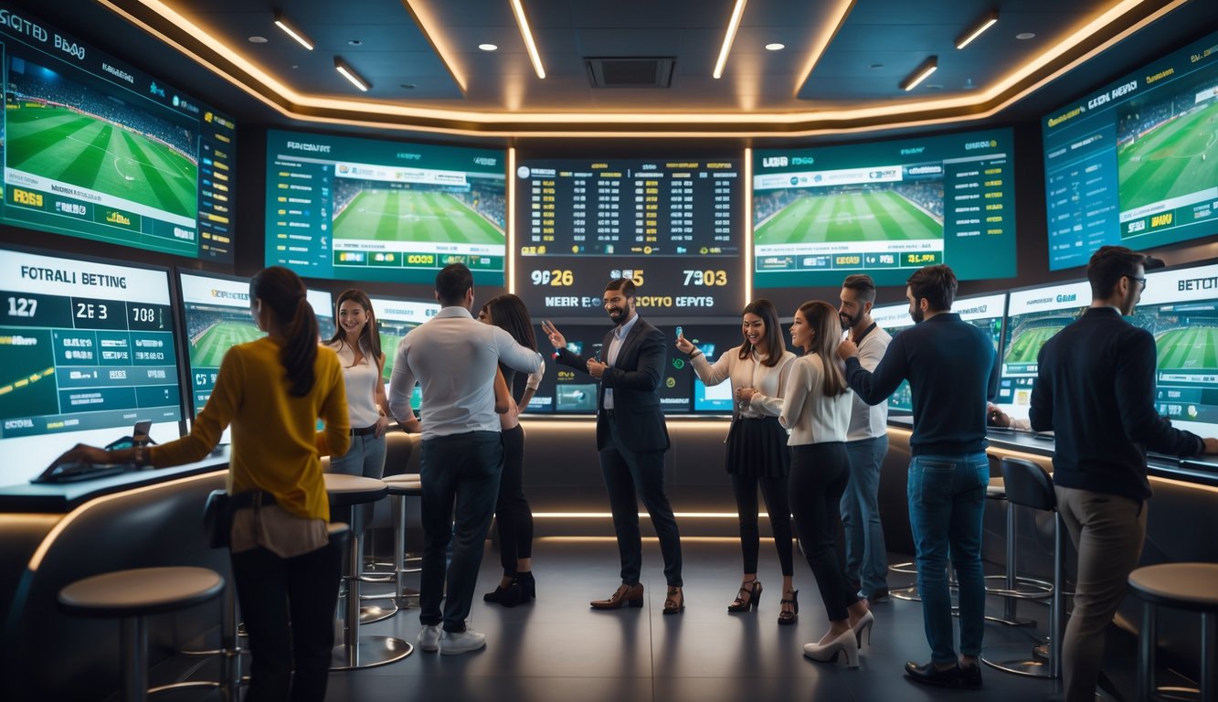Sekelompok orang sedang menggunakan layar digital besar untuk memasang taruhan sepak bola dalam ruang taruhan modern yang futuristik.