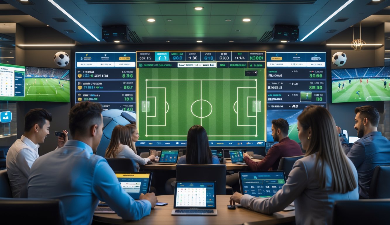 Orang-orang sedang memasang taruhan pada pertandingan sepak bola di ruang taruhan modern dengan layar besar yang menampilkan statistik dan pertandingan sepak bola secara langsung.