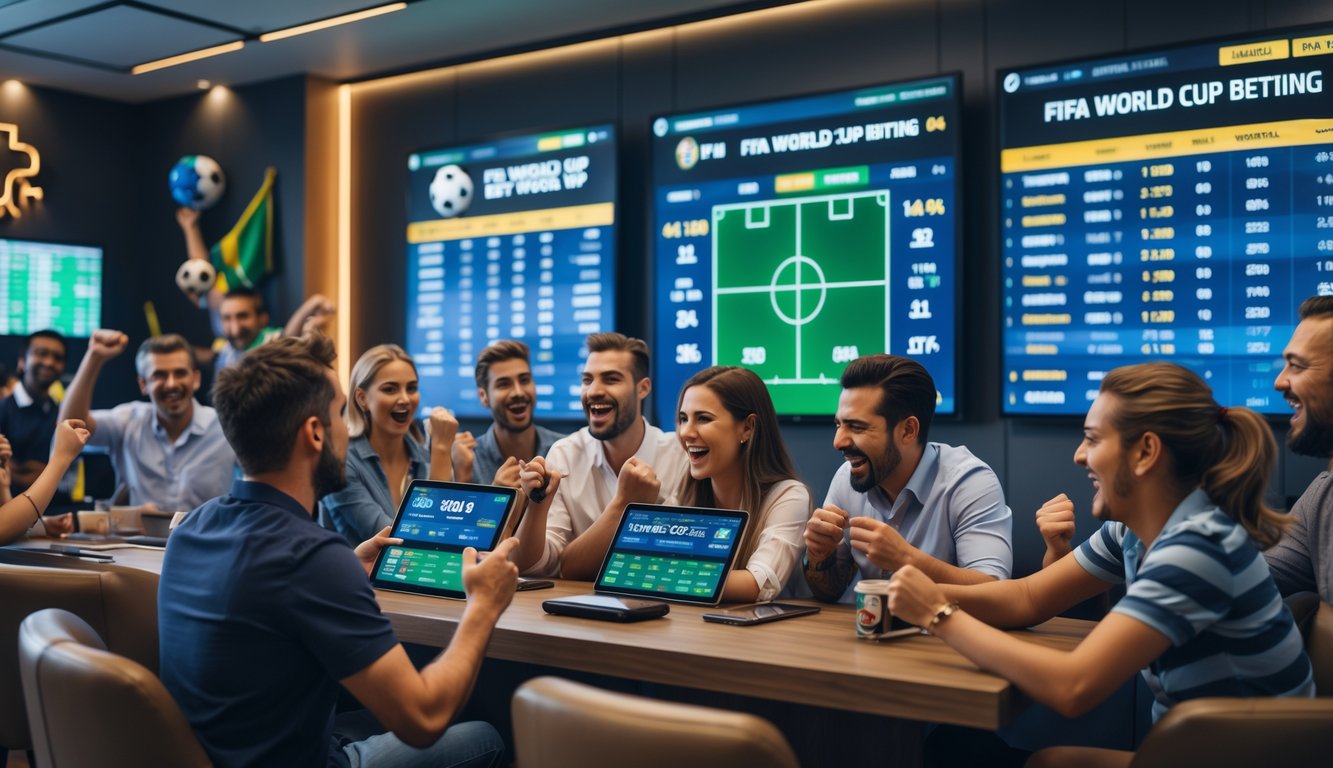 Sekelompok orang sedang menonton pertandingan sepak bola Piala Dunia dan memasang taruhan di layar digital di dalam ruang taruhan modern.