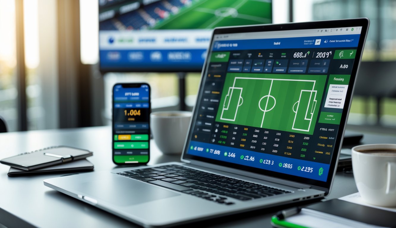 Seorang profesional menggunakan laptop dengan tampilan taruhan sepak bola online di meja kerja yang rapi.