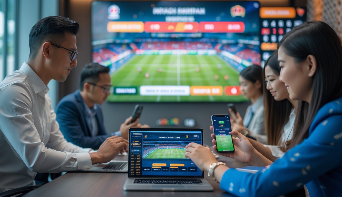 Orang-orang menggunakan perangkat digital untuk memasang taruhan pada pertandingan sepak bola di sebuah ruangan modern dengan elemen budaya Indonesia.