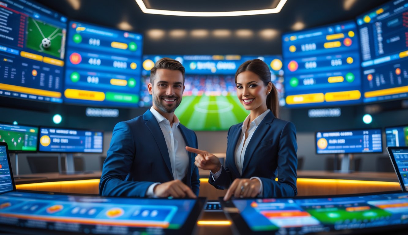 Seorang pria dan wanita berdiri di depan layar digital besar yang menampilkan statistik pertandingan sepak bola dan peluang taruhan dalam sebuah kantor taruhan modern.