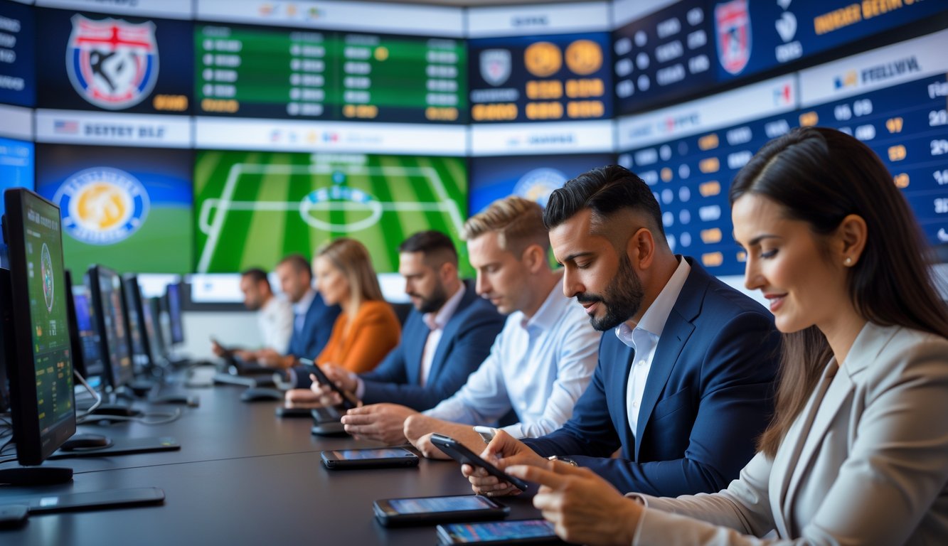 Orang-orang sedang memasang taruhan sepak bola Liga Inggris di sebuah kantor taruhan modern dengan layar besar menampilkan pertandingan langsung dan peluang taruhan.