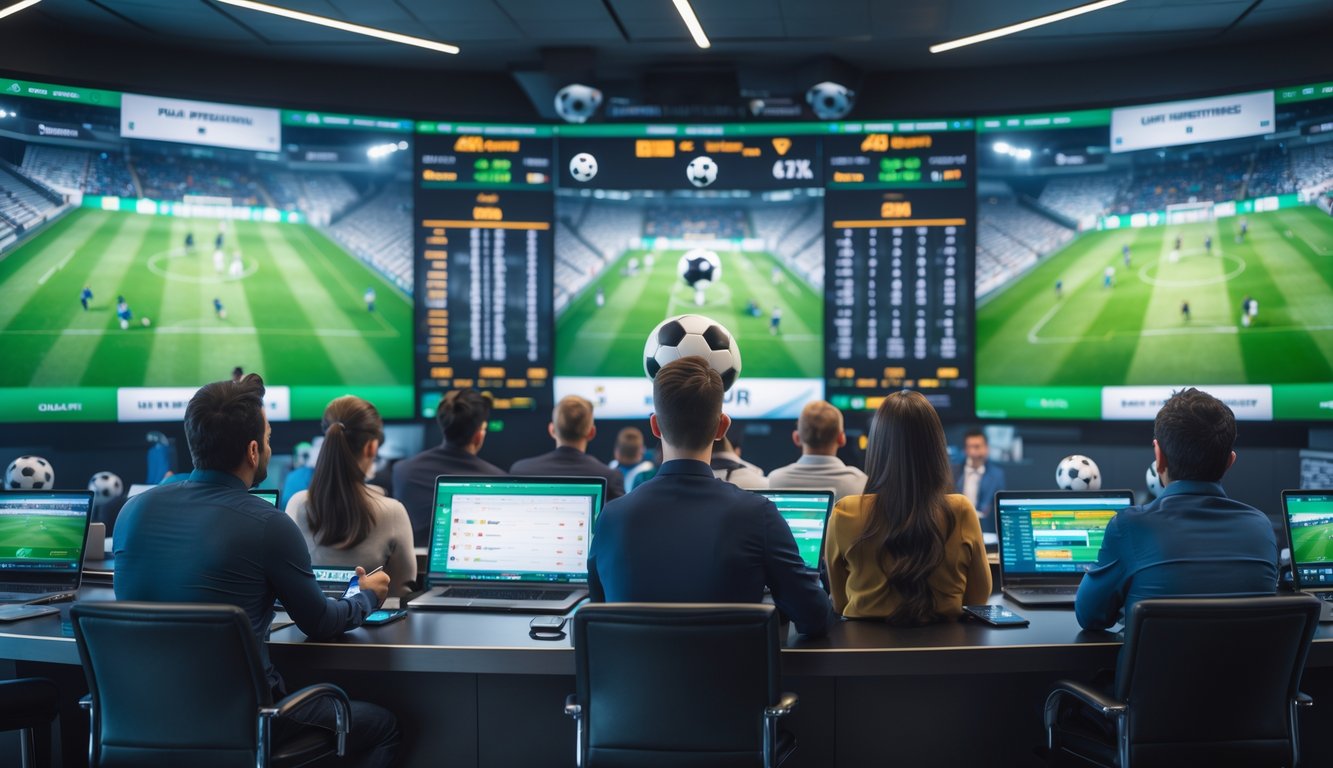 Sejumlah orang menonton pertandingan sepak bola secara langsung di ruang taruhan olahraga dengan layar besar dan perangkat digital.