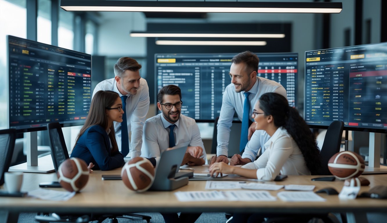 Sekelompok profesional sedang berdiskusi di kantor modern dengan layar menampilkan statistik pertandingan sepak bola.