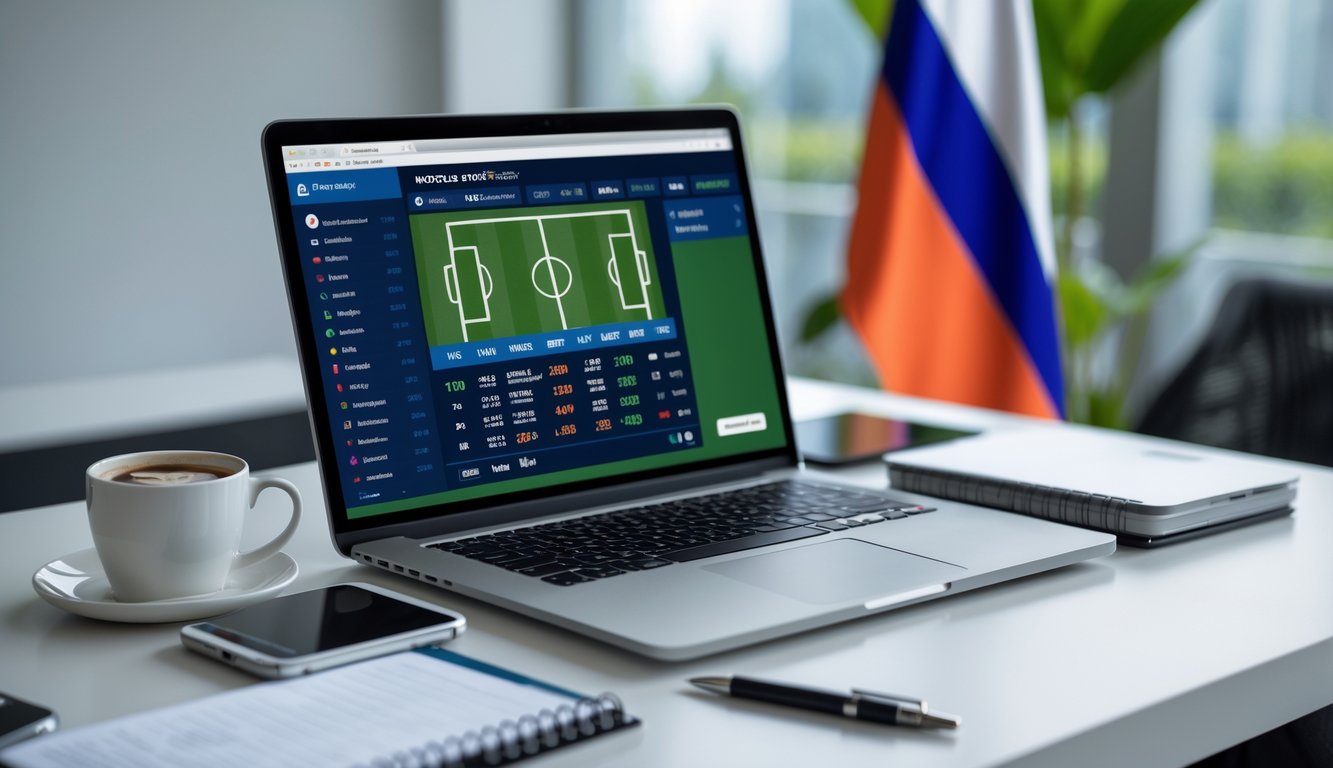 Seorang pria sedang menggunakan laptop dan ponsel untuk memasang taruhan pada pertandingan sepak bola secara online di sebuah meja kerja yang rapi.