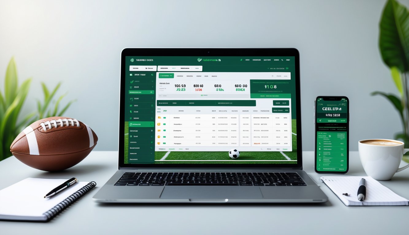 Seorang pria duduk di meja kerja dengan laptop yang menampilkan situs taruhan bola online, dikelilingi bola sepak, ponsel, dan alat tulis.