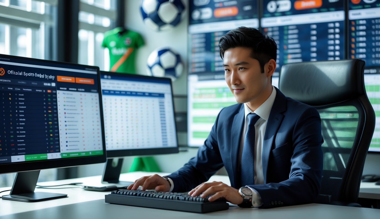 Seorang pria profesional duduk di depan komputer dengan layar yang menampilkan pertandingan sepak bola dan peluang taruhan dalam kantor modern.