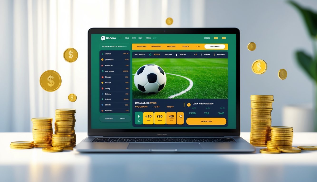 Seorang pria menggunakan laptop dengan tampilan situs taruhan sepak bola dan simbol bonus di sekitarnya.