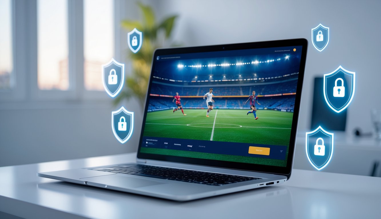 Seorang pengguna sedang melihat pertandingan sepak bola di layar komputer dalam ruangan yang terang dan rapi dengan simbol keamanan digital di sekitar perangkat.