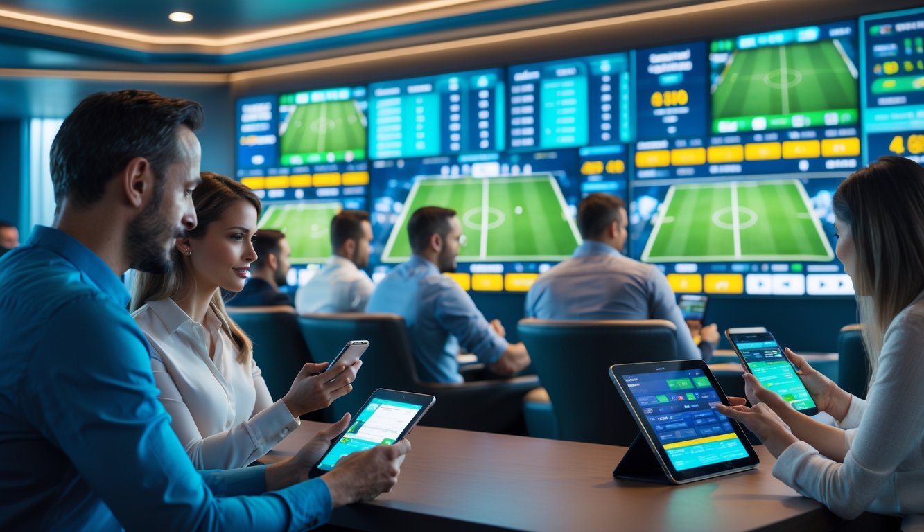 Orang-orang sedang memasang taruhan bola secara langsung di ruang taruhan modern dengan layar digital besar yang menampilkan pertandingan sepak bola.