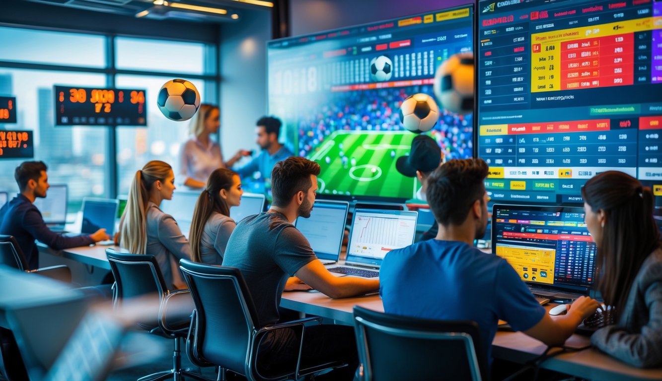 Beberapa orang muda sedang menggunakan komputer dan ponsel untuk memasang taruhan sepak bola di sebuah ruang kerja modern.