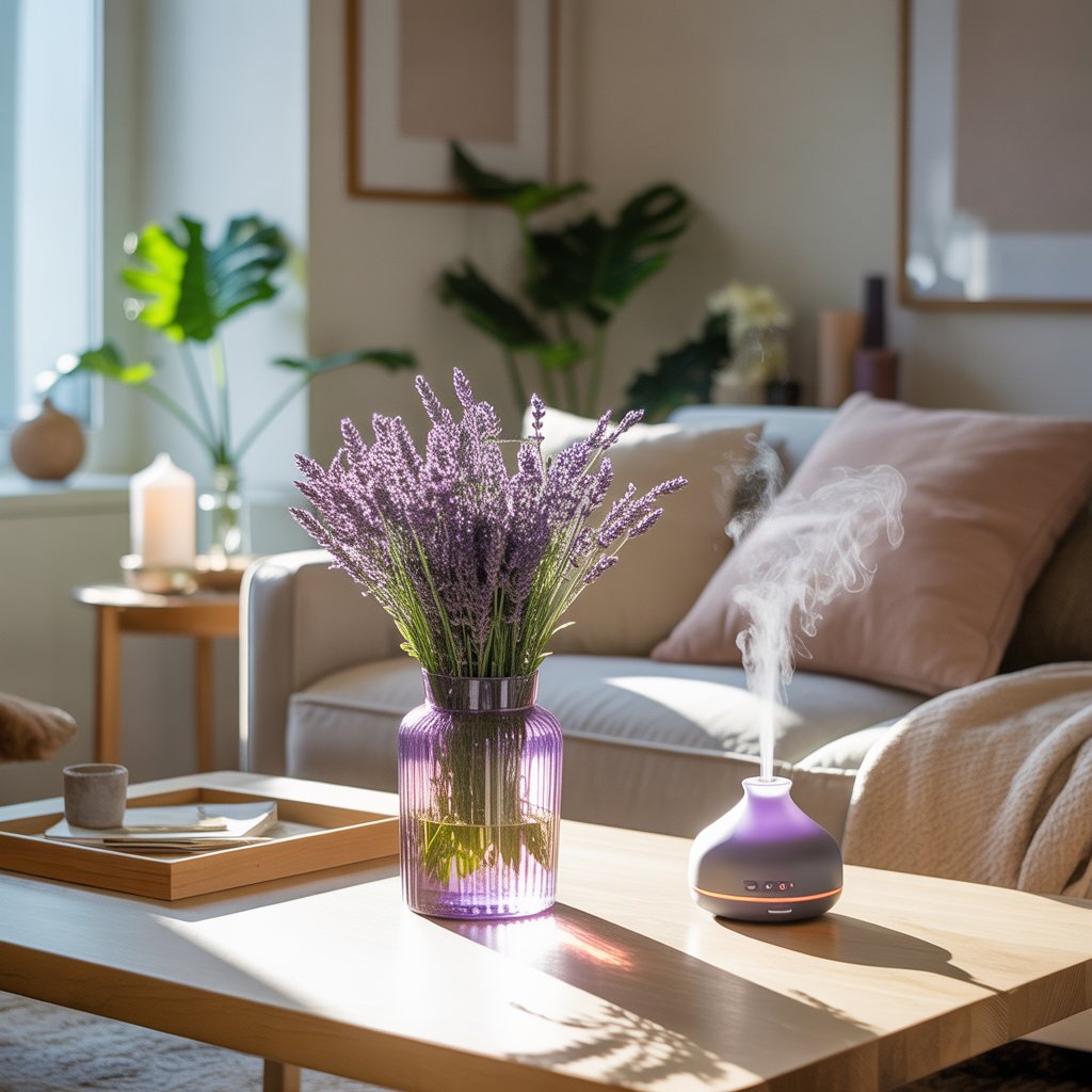 A sunlit living room with lavender flowers on a coffee table, a diffuser emitting mist, cushions, a throw blanket, and plants creating a calm atmosphere.