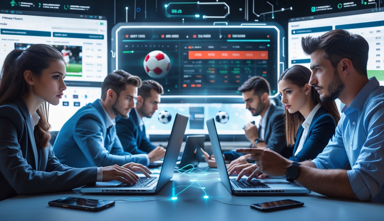 Orang-orang muda menggunakan laptop dan ponsel di ruang kerja modern dengan layar menampilkan pertandingan sepak bola dan statistik secara langsung.