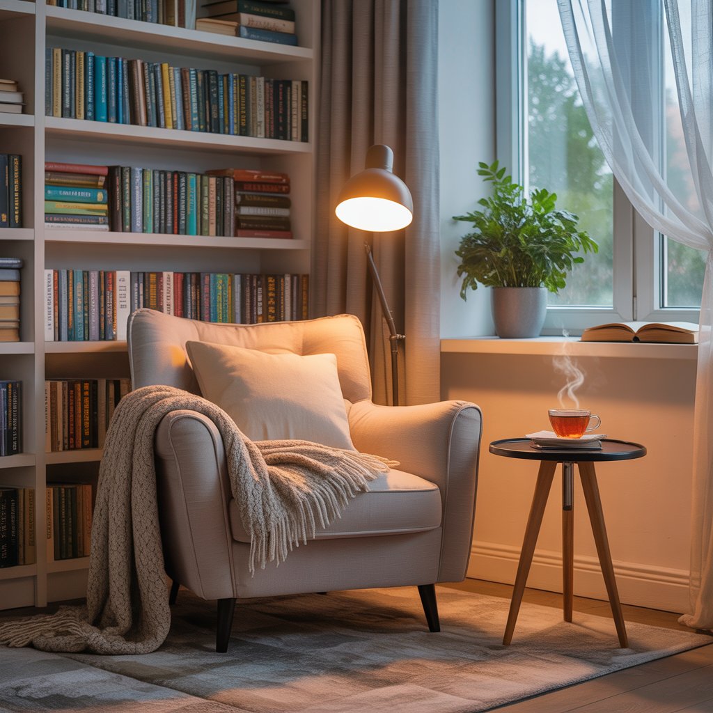 A cozy reading nook with an armchair, bookshelves, a side table with a cup of tea, a reading lamp, and a window with natural light and a plant.