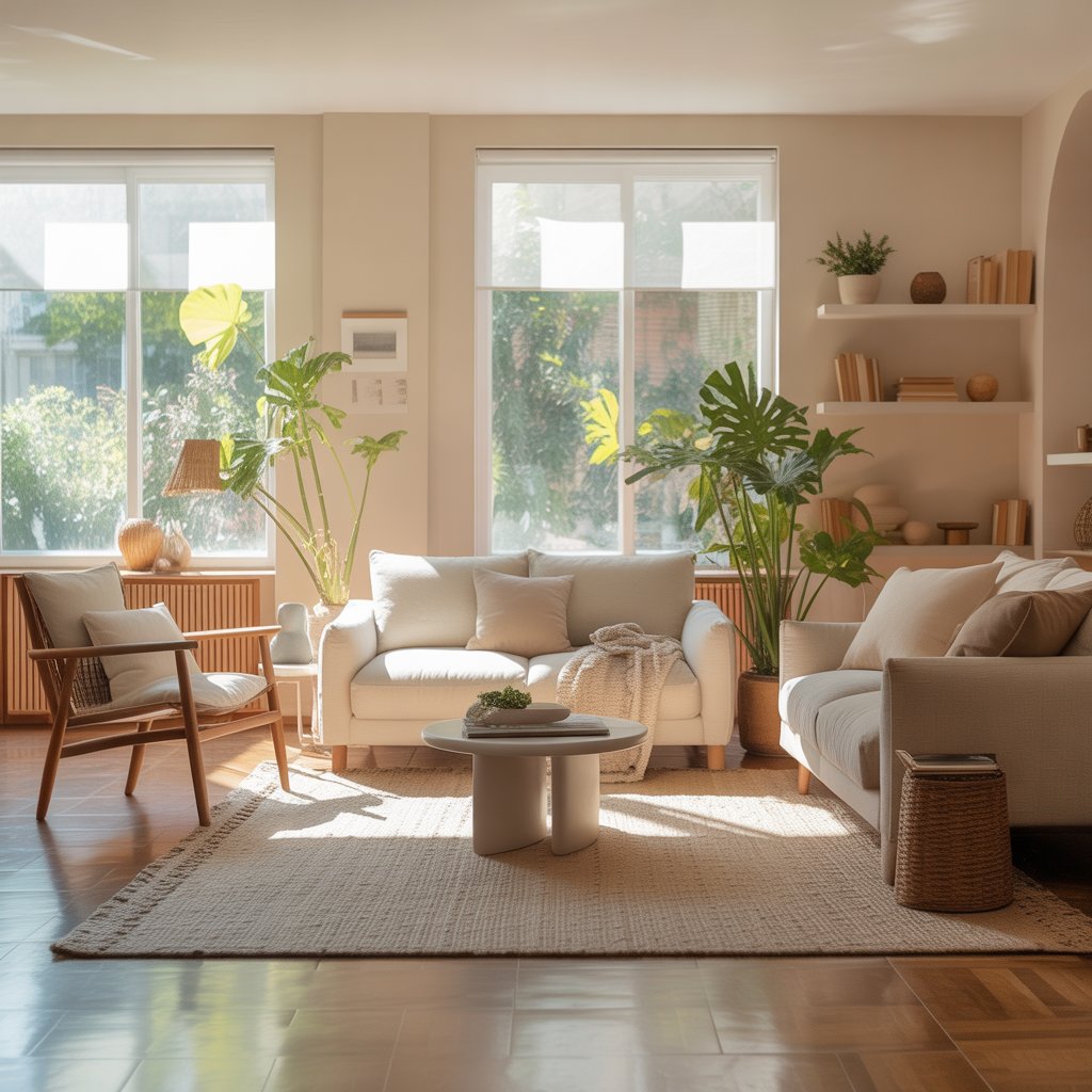 A living room with furniture arranged to allow easy movement and comfort, featuring a sofa, armchair, coffee table, plants, and natural light.