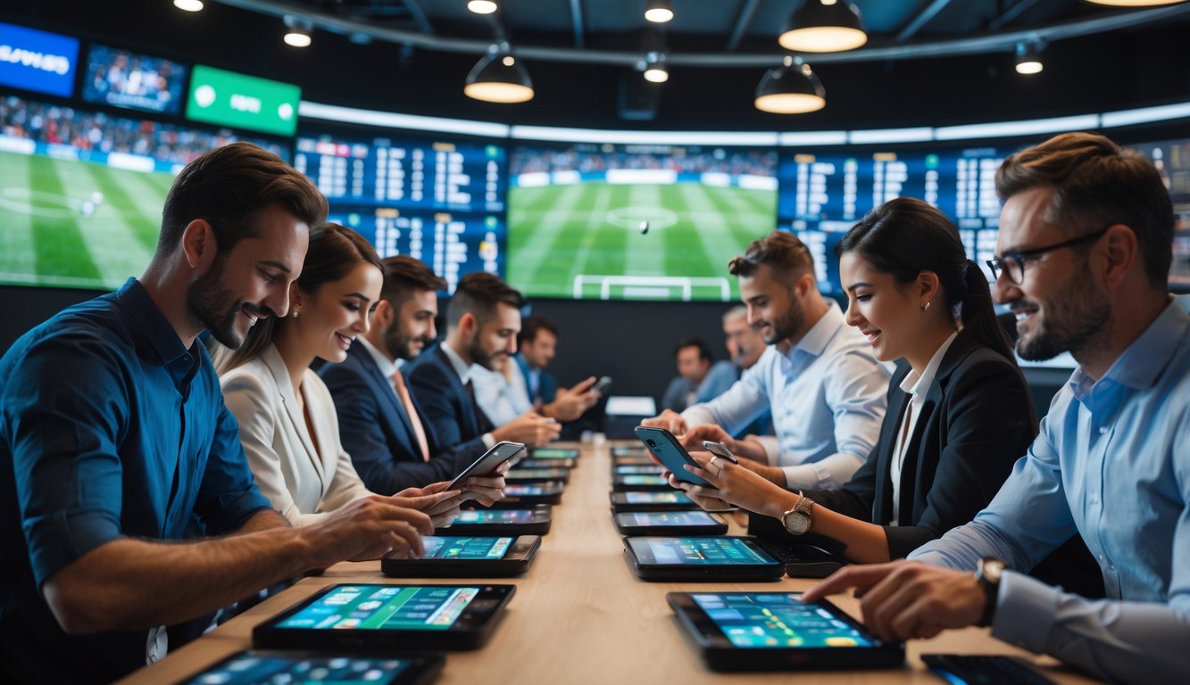 Orang-orang sedang memasang taruhan bola menggunakan perangkat digital di sebuah ruang taruhan dengan layanan cepat.