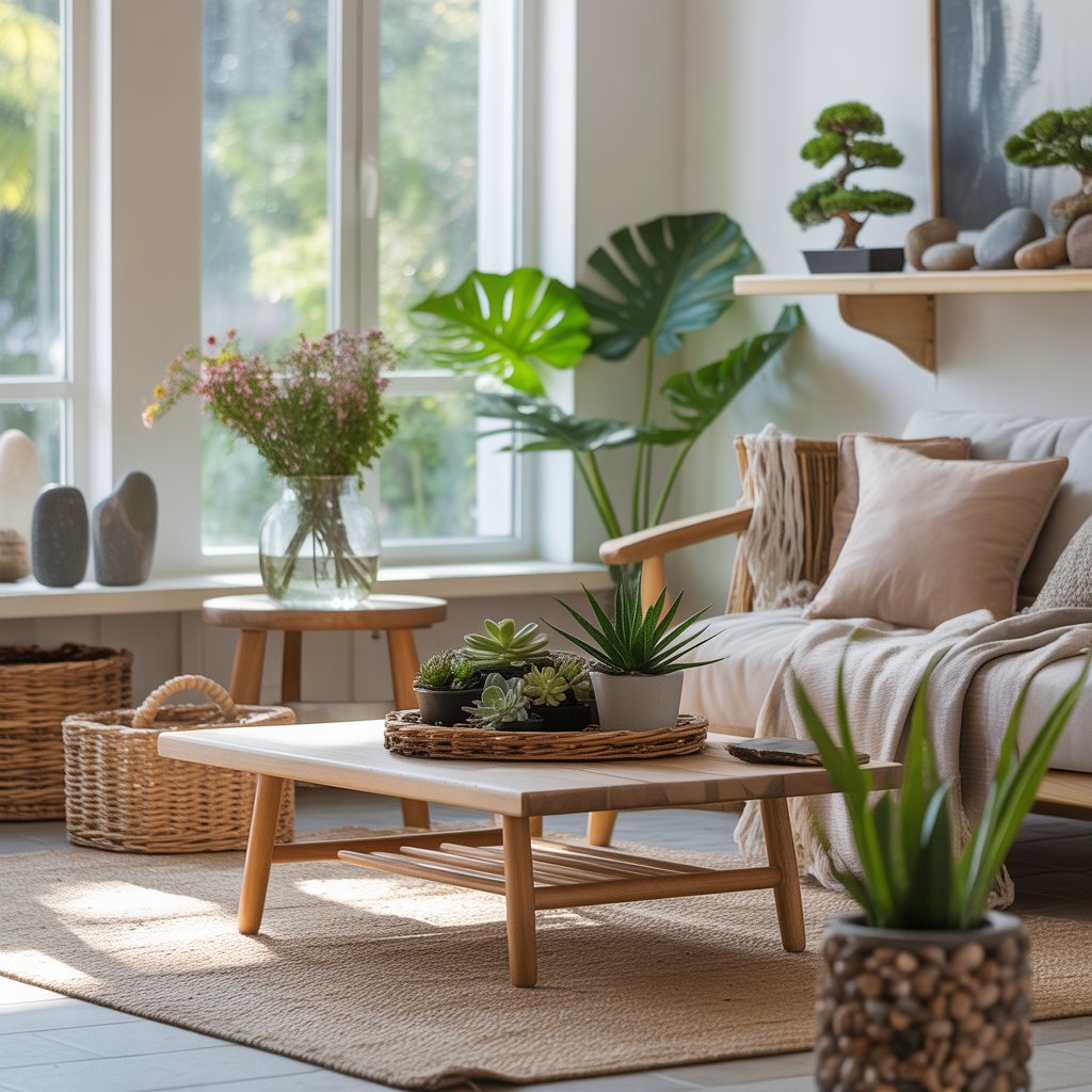 A bright living room with plants, wooden furniture, and natural decor creating a calm and peaceful atmosphere.