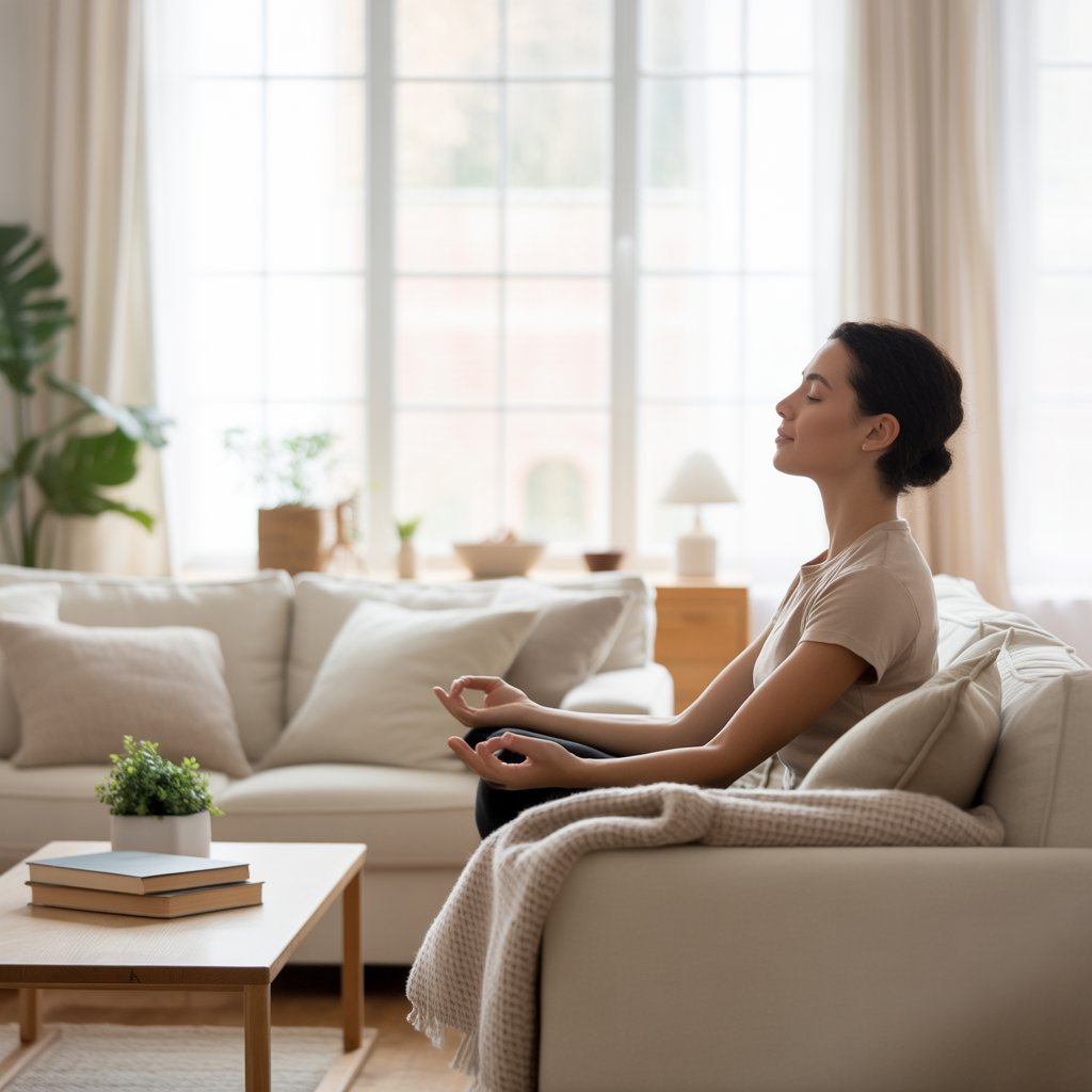 A peaceful living room filled with natural light, showing a person meditating on a sofa surrounded by calming decor and indoor plants.