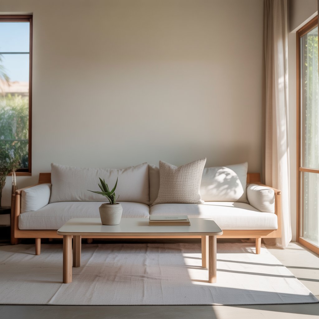 A bright living room with a sofa, a small coffee table with a plant and books, large windows letting in sunlight, and minimal furnishings.