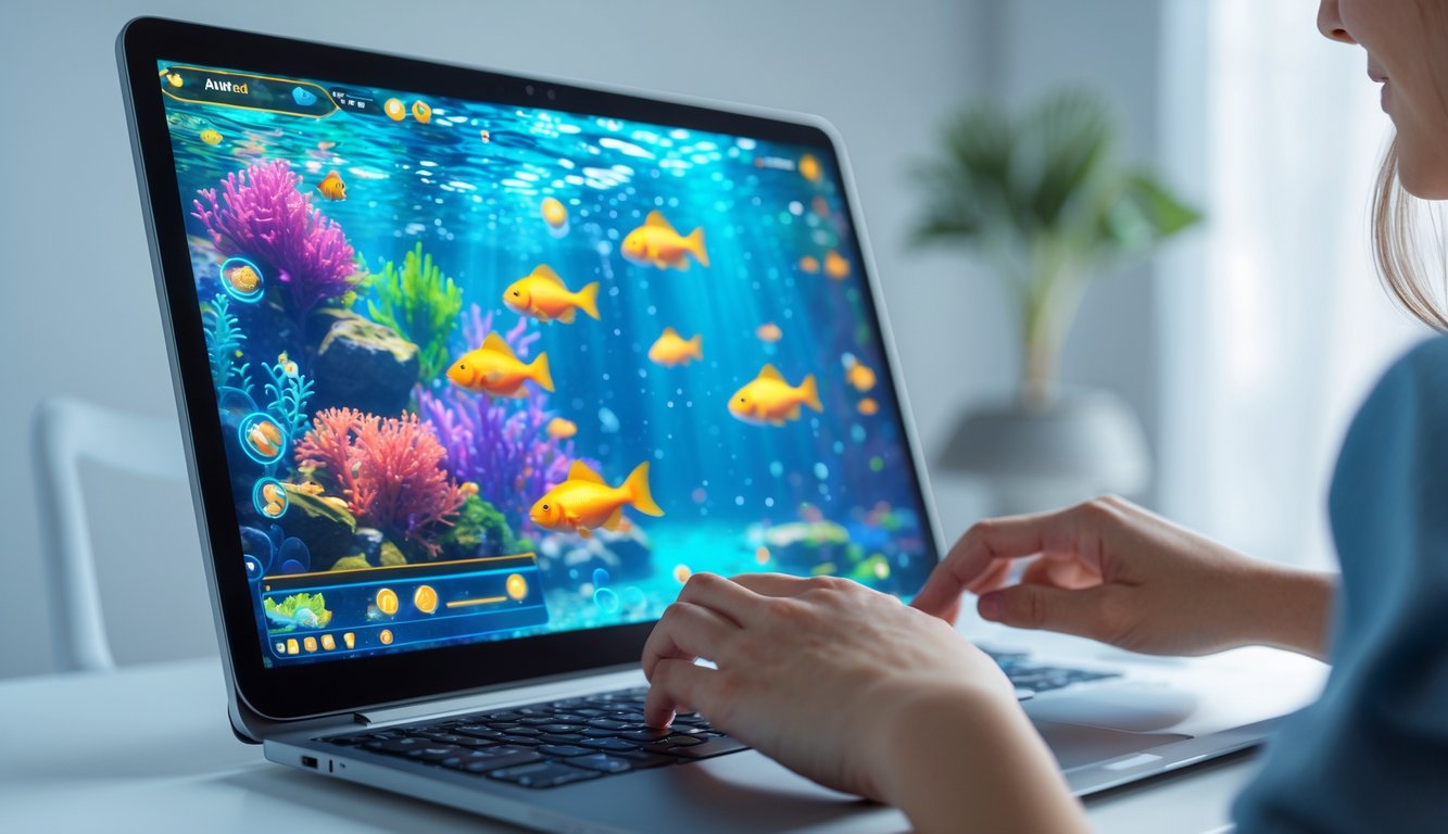 Seseorang menggunakan komputer dengan tampilan permainan ikan di layar.