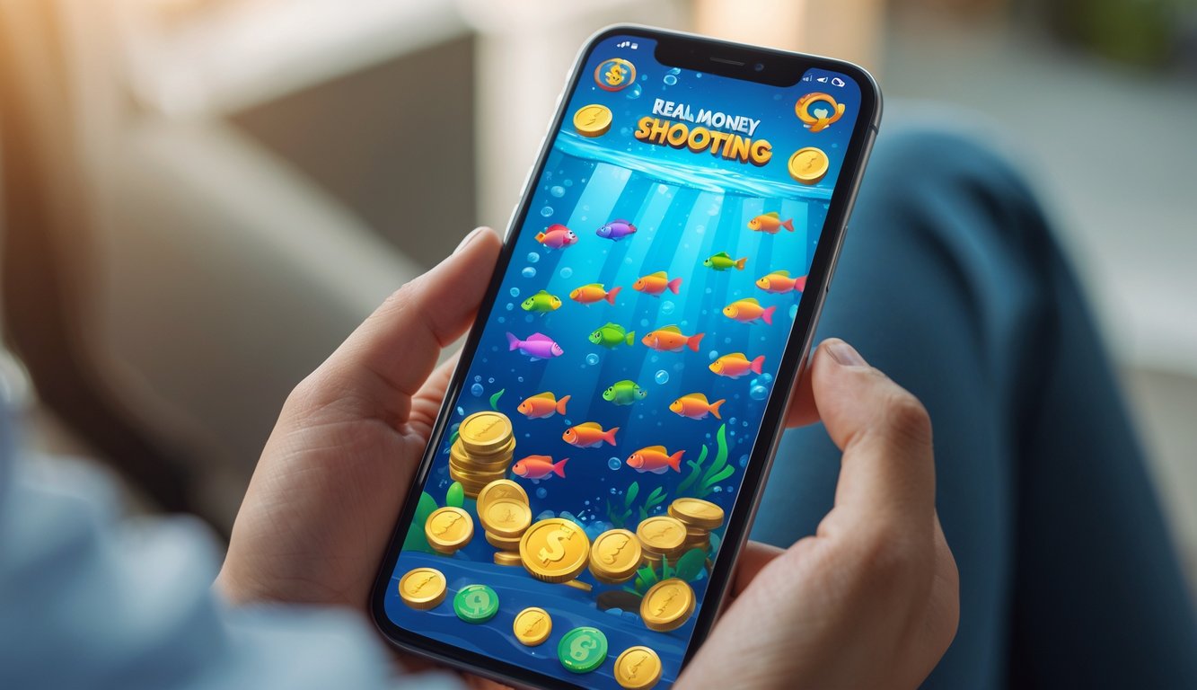 Seseorang memegang ponsel dengan layar menampilkan permainan tembak ikan uang asli yang penuh warna dan animasi ikan di bawah air.