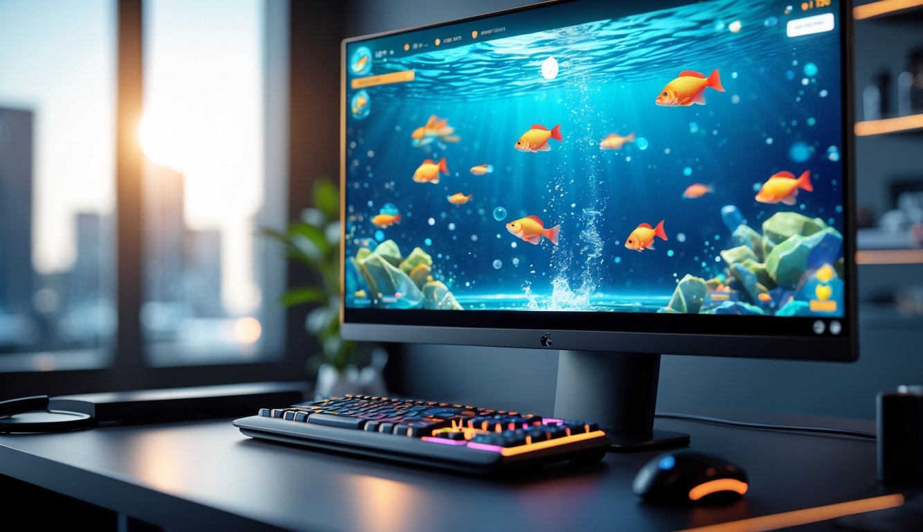 Sebuah layar komputer menampilkan permainan menembak ikan dengan latar belakang bawah laut berwarna-warni.