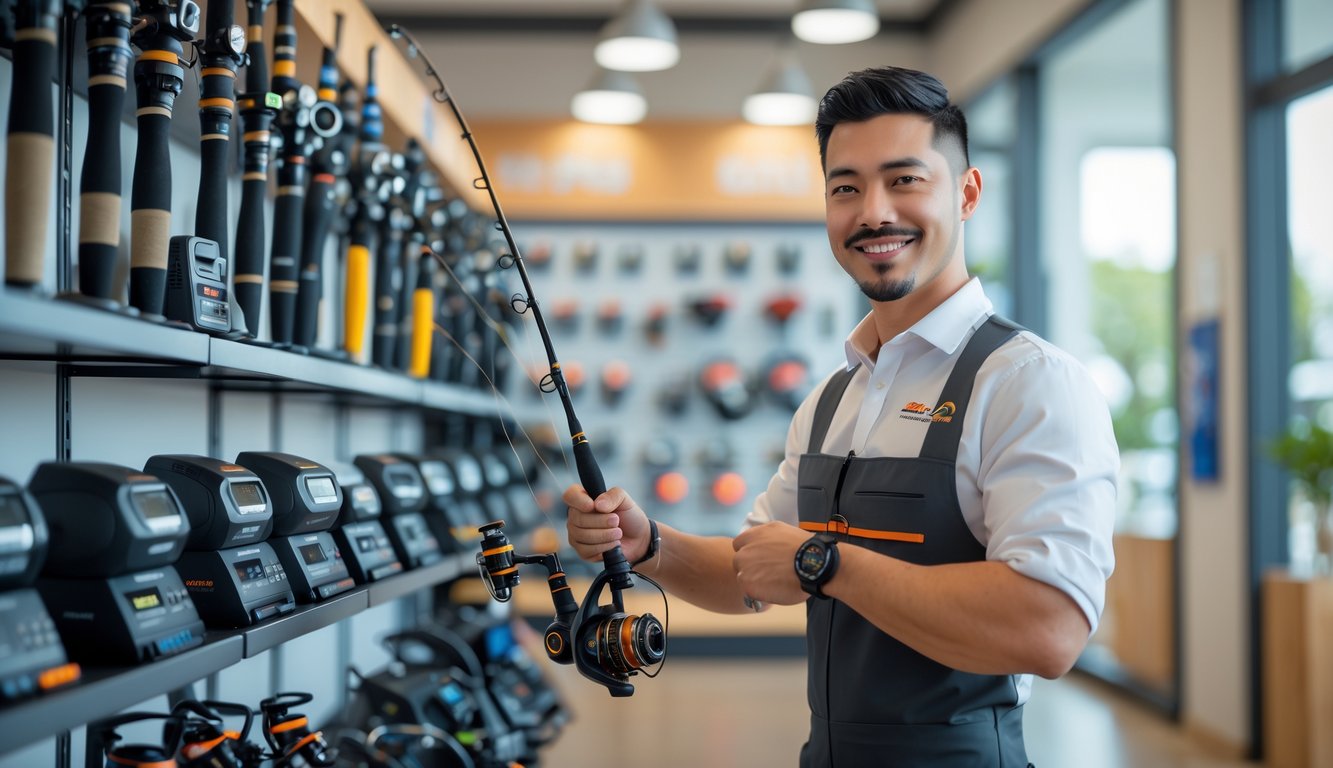 Seorang pria ramah berdiri di dalam toko alat pancing yang rapi dan terang, membantu pelanggan dengan peralatan memancing.