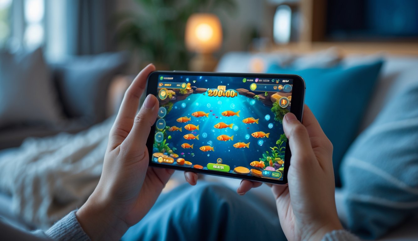 Seseorang memegang ponsel yang menampilkan permainan menembak ikan dengan latar dalam ruangan yang nyaman.