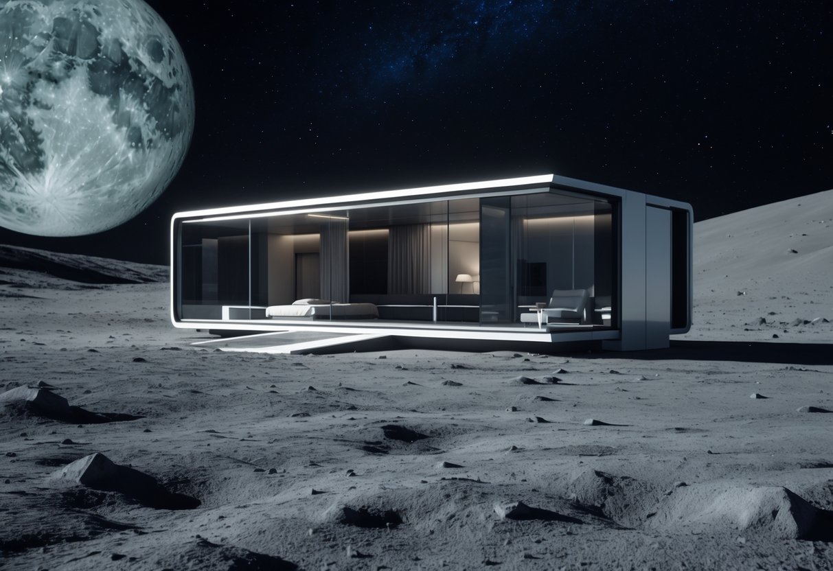 A modern house situated on the Moon's surface with Earth visible in the sky above.