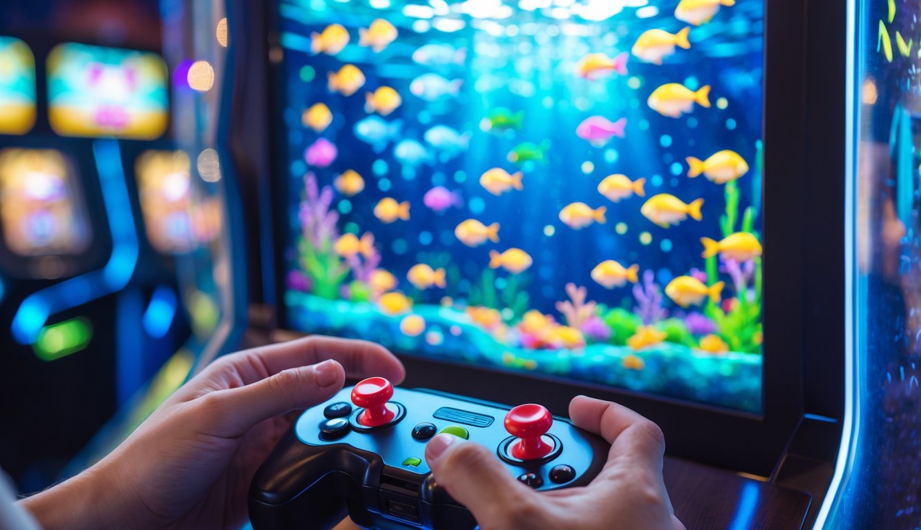 Seseorang sedang bermain permainan tembak ikan di layar dengan ikan berwarna-warni di latar belakang.