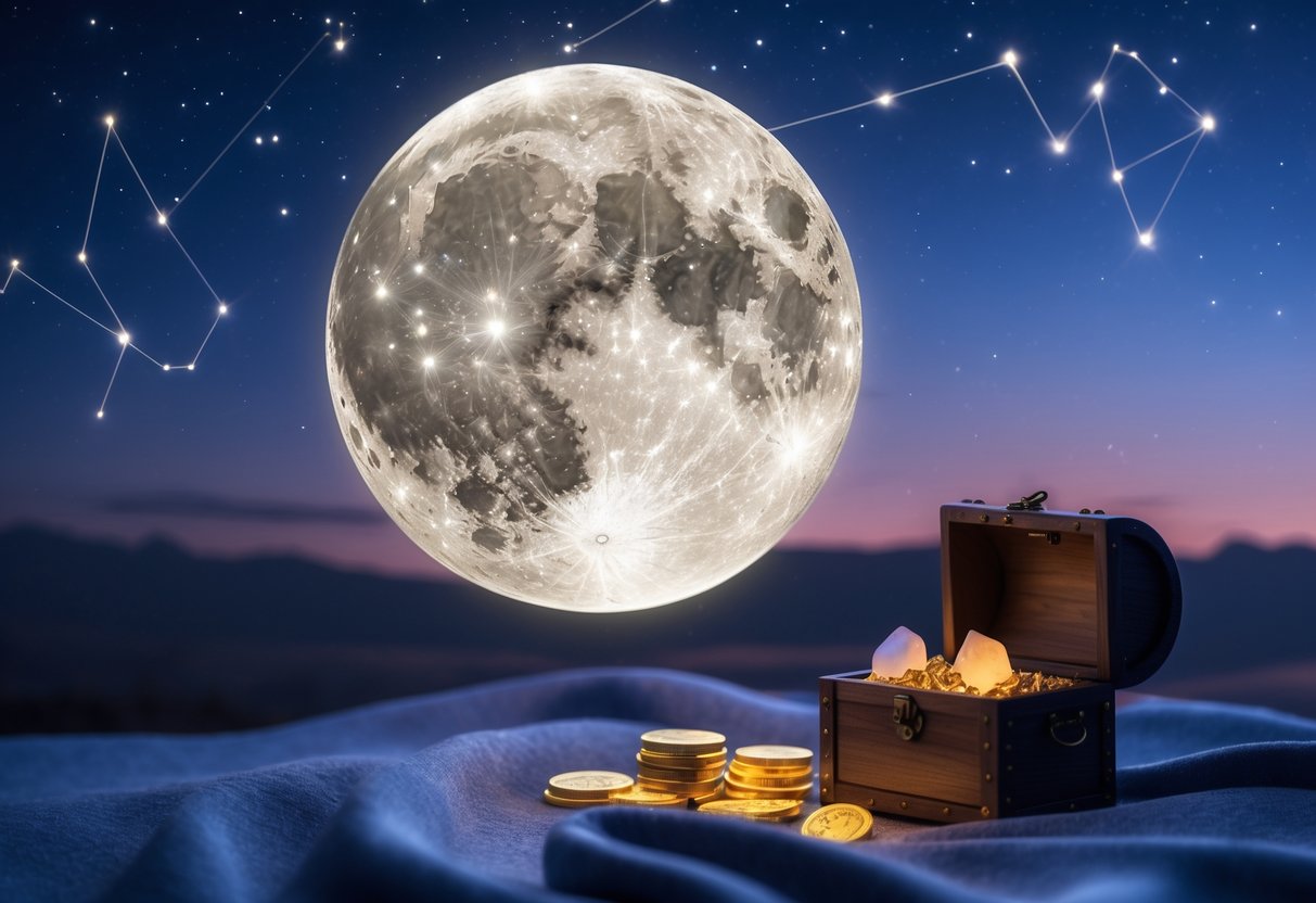 A glowing full moon above a collection of coins and gemstones on a dark surface under a starry night sky.